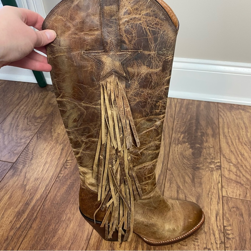 Lucchese Brown Leather Fringe Star Tall Heeled Boots - Picture 11 of 12